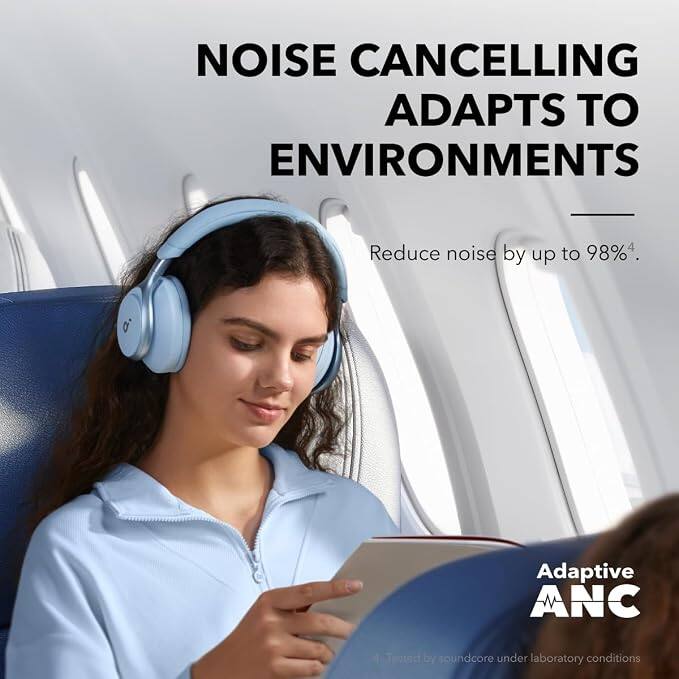 NOISE CANCELLING ADAPTS TO ENVIRONMENTS  
Reduce noise by up to 98%4.  
Adaptive ANC  
Tested by soundcore under laboratory conditions