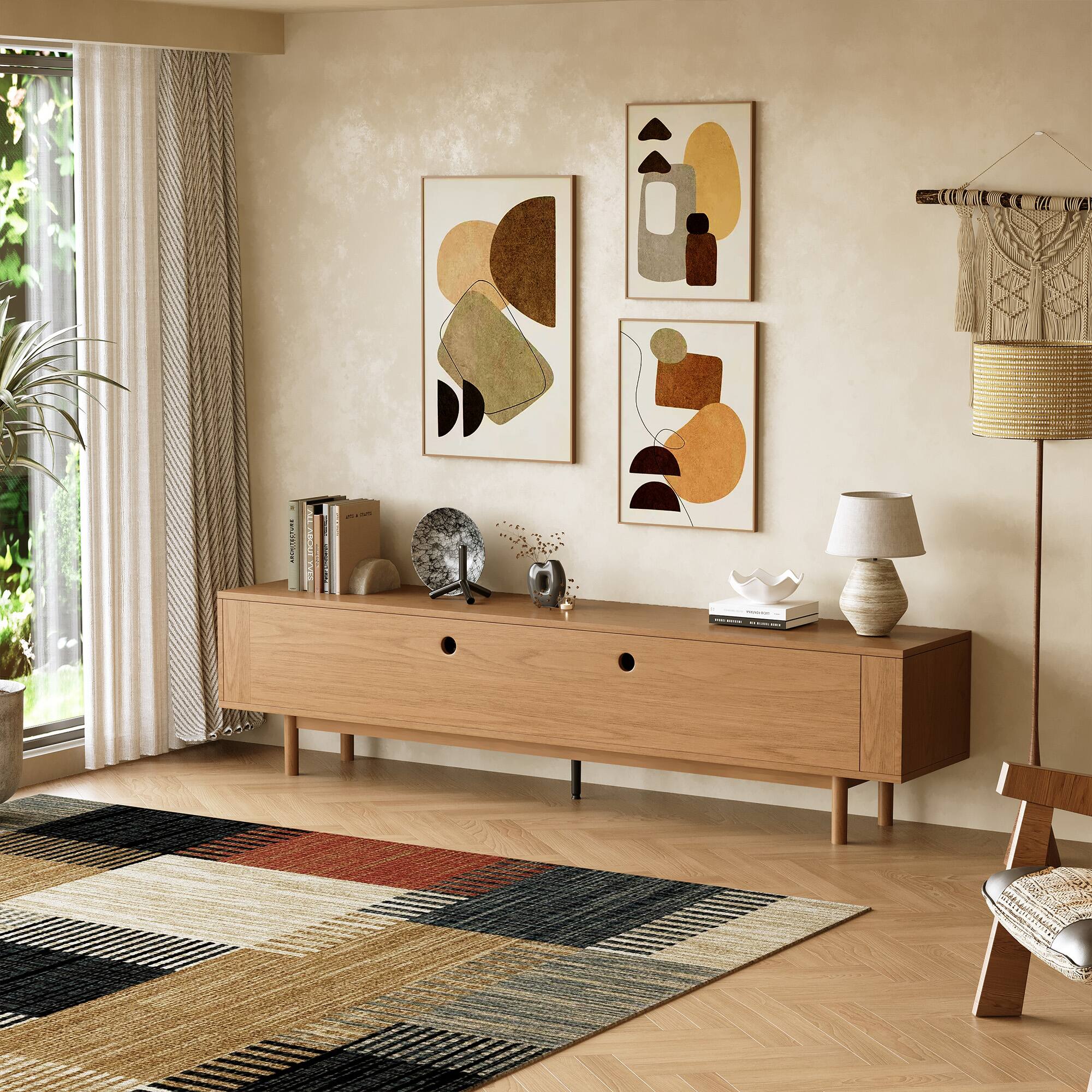 Alt View 2. luck idea - 86.61" Wide Fluted TV Stand Media Console with Layered Storage & Solid Wood Legs - Walnut Color.