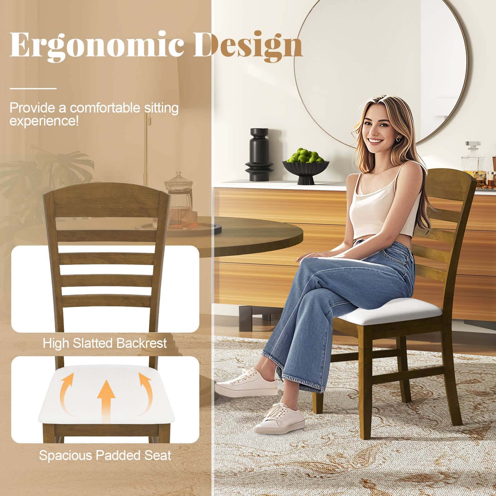 Ergonomic Design: Provide a comfortable sitting experience with a high slatted backrest and a spacious padded seat.