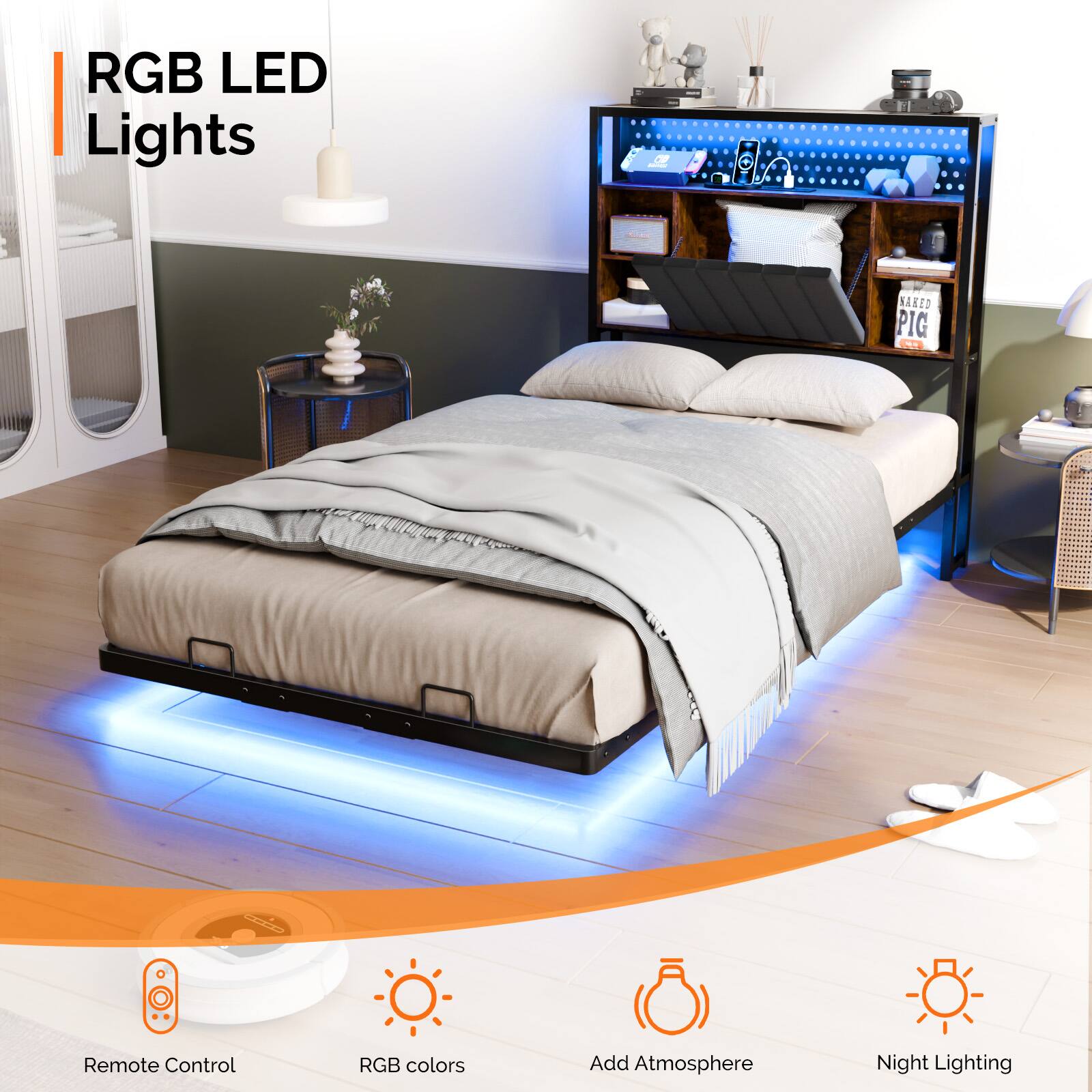 RGB LED Lights

- Remote Control
- RGB colors
- Add Atmosphere
- Night Lighting