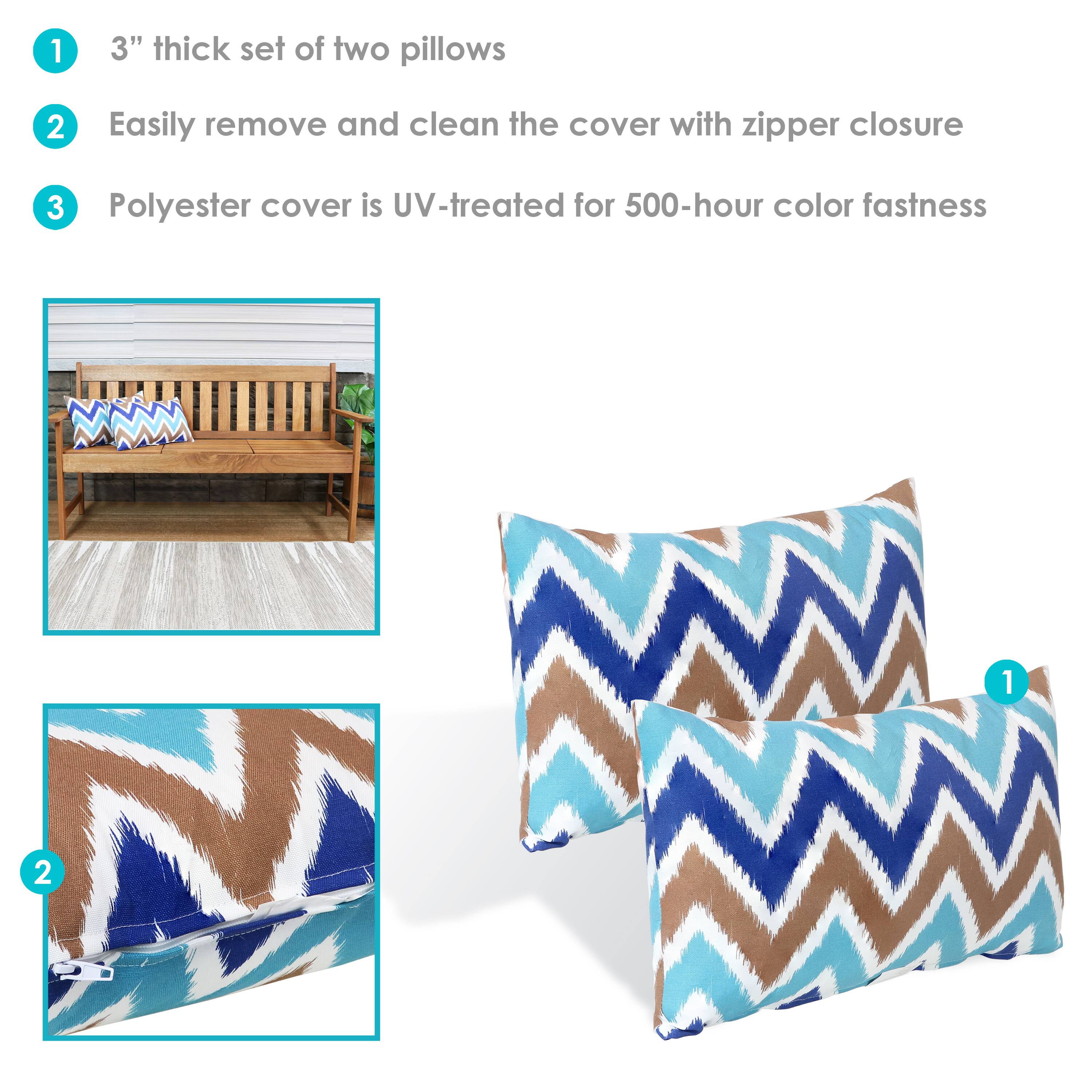 1. 3" thick set of two pillows  
2. Easily remove and clean the cover with zipper closure  
3. Polyester cover is UV-treated for 500-hour color fastness