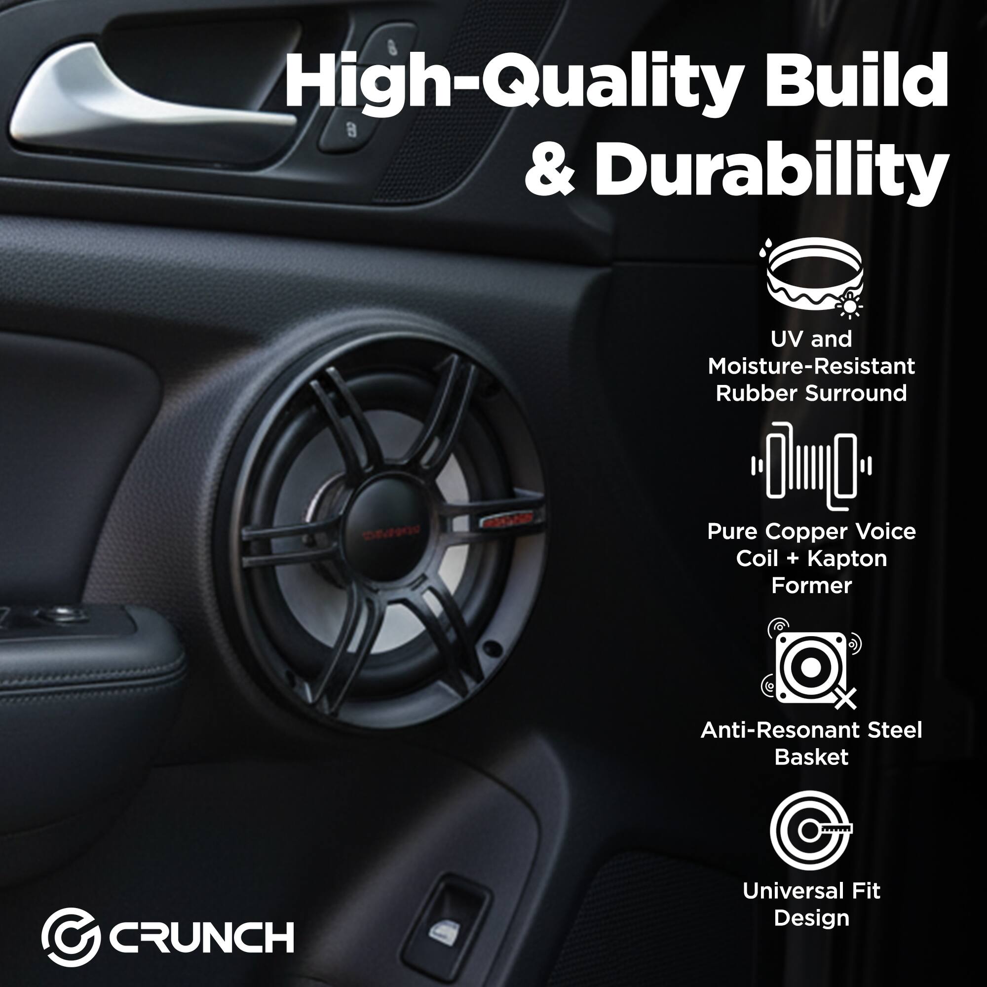High-Quality Build & Durability

- UV and Moisture-Resistant Rubber Surround
- Pure Copper Voice Coil + Kapton Former
- Anti-Resonant Steel Basket
- Universal Fit Design