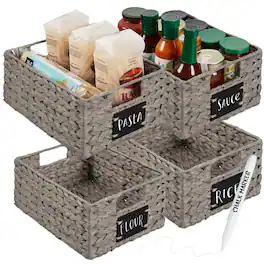 Best Choice Products - Set of 4 12in Woven Water Hyacinth Pantry Baskets w/ Chalkboard Label, Chalk Marker - Gray