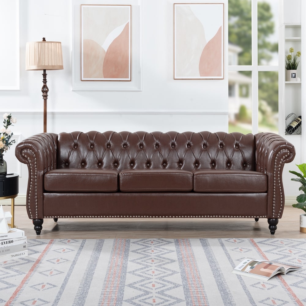 Loheer - 84.65" Dark Brown PU Leather Chesterfield Sofa, Rolled Arm 3 Seater Couch with Tufted Back for Living Room - Dark Brown