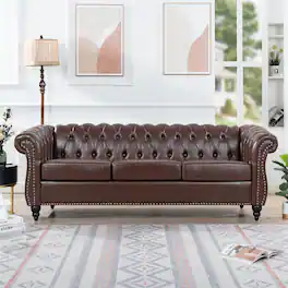 Loheer - 84.65" Dark Brown PU Leather Chesterfield Sofa, Rolled Arm 3 Seater Couch with Tufted Back for Living Room - Dark Brown