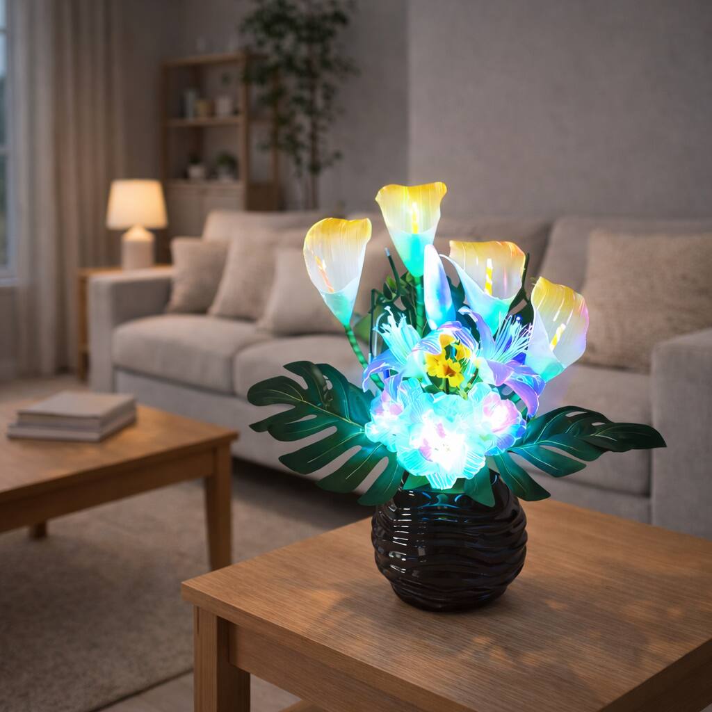 Front. FC Design - 20"H Black Round Base Artificial Calla Lilies LED Vase Lamp, Lighted Floral Home Décor Accent.