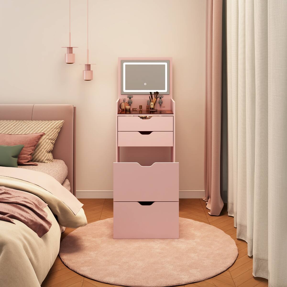 Alt View 8. Loheer - Loheer Pink Makeup Vanity with Stool, Flip Up Mirror and Three Color Lights - Pink.
