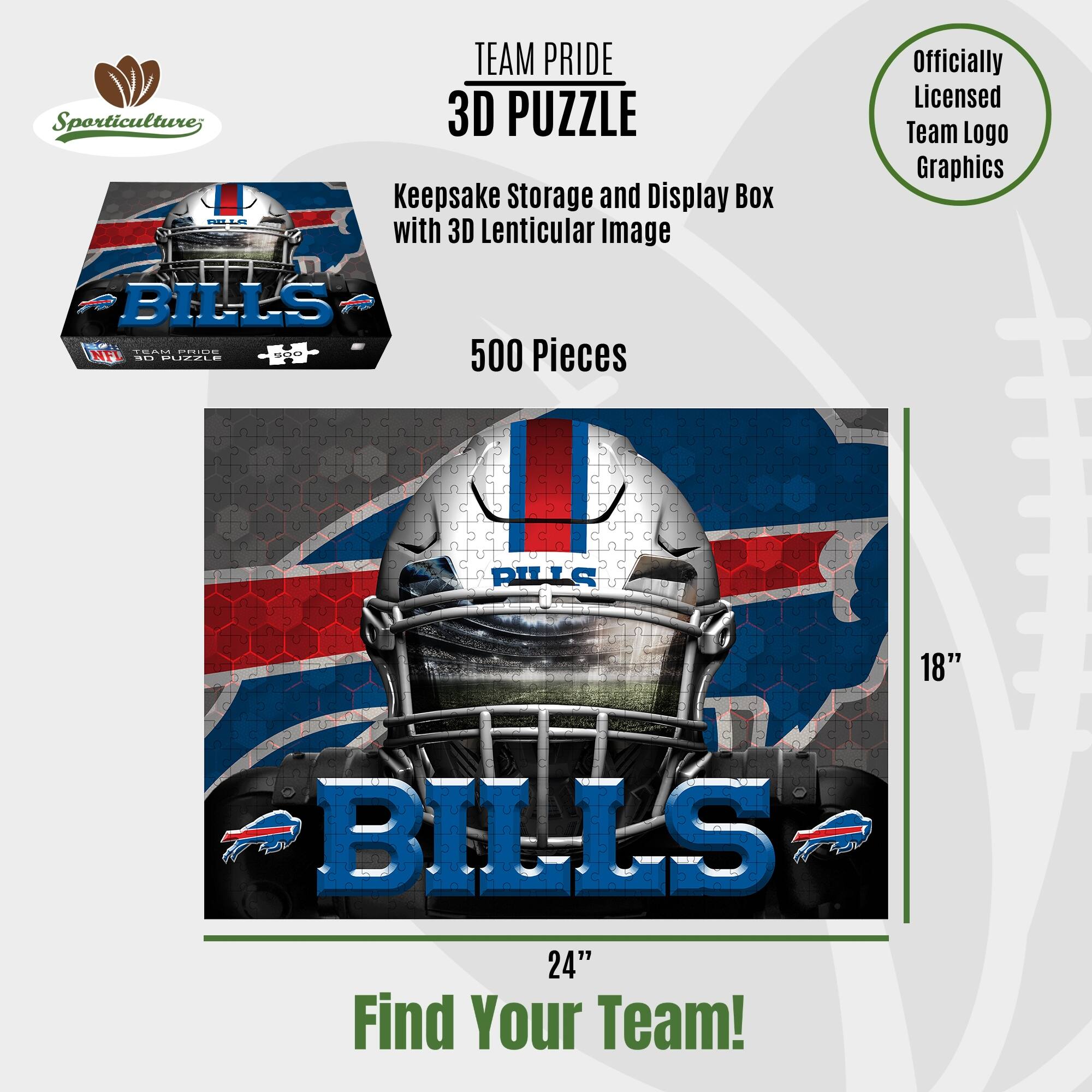 TEAM PRIDE Sporticulture 3D PUZZLE Keepsake Storage and Display Box with 3D Lenticular Image BILLS 500 Pieces Officially Licensed Team Logo Graphics 18" x 24" Find Your Team!