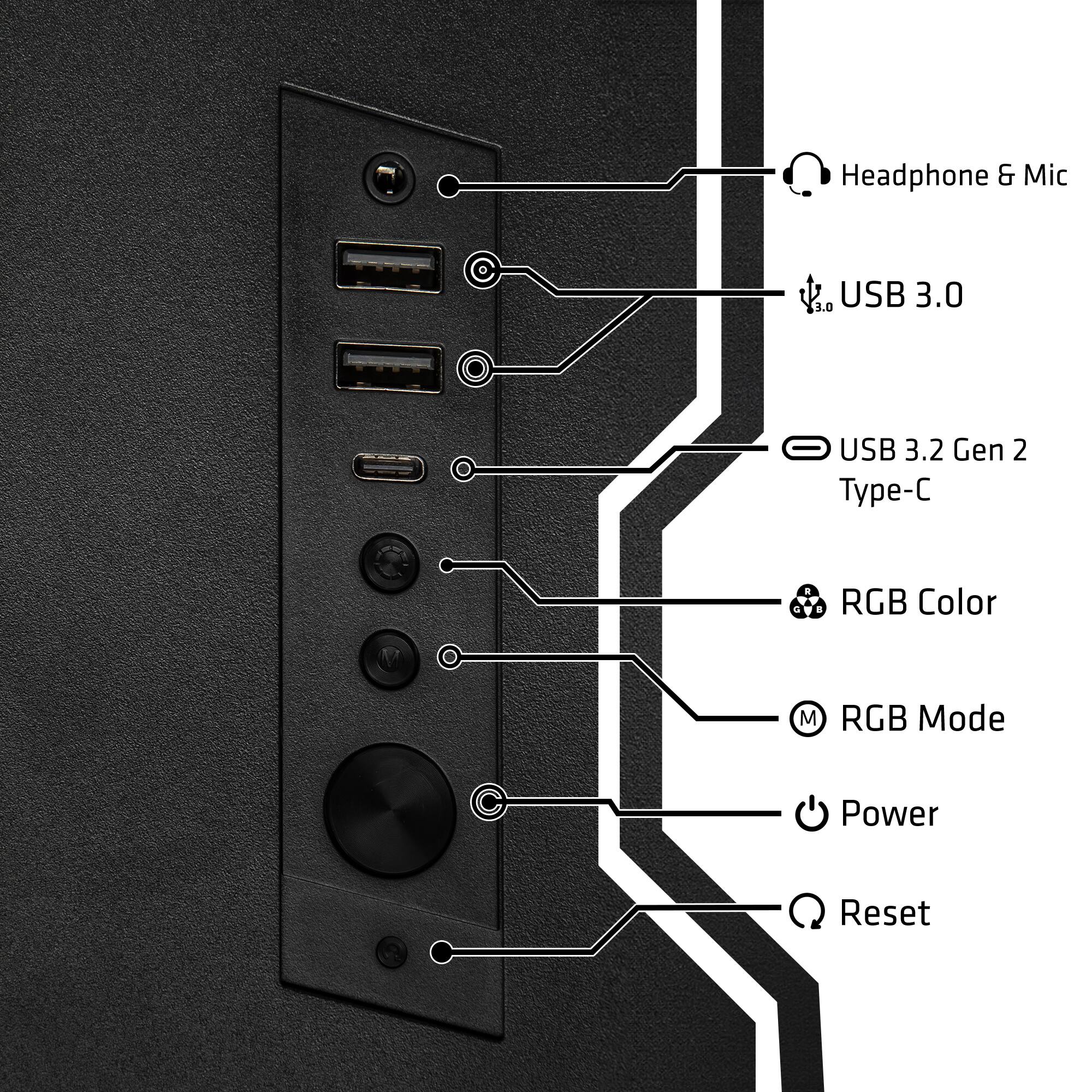 Headphone & Mic  
USB 3.0  
USB 3.2 Gen 2 Type-C  
RGB Color  
RGB Mode  
Power  
Reset