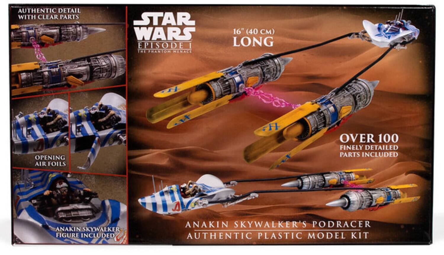 Authentic detail with clear parts Star Wars Episode I The Phantom Menace 16" (40 cm) long opening air foils. Over 100 finely detailed parts included. Anakin Skywalker figure included. Anakin Skywalker's Podracer authentic plastic model kit.