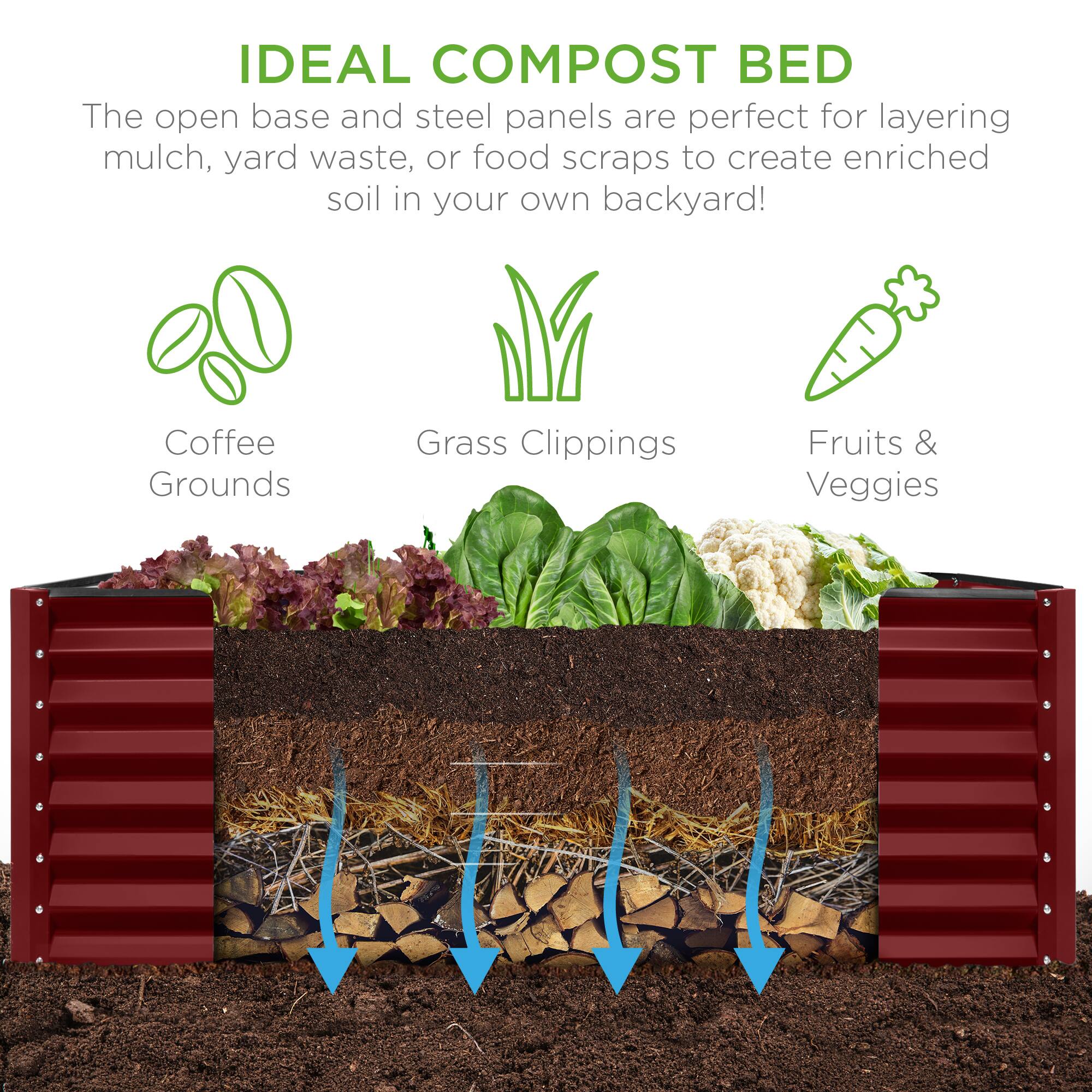 IDEAL COMPOST BED

The open base and steel panels are perfect for layering mulch, yard waste, or food scraps to create enriched soil in your own backyard!

- Coffee Grounds
- Grass Clippings
- Fruits & Veggies