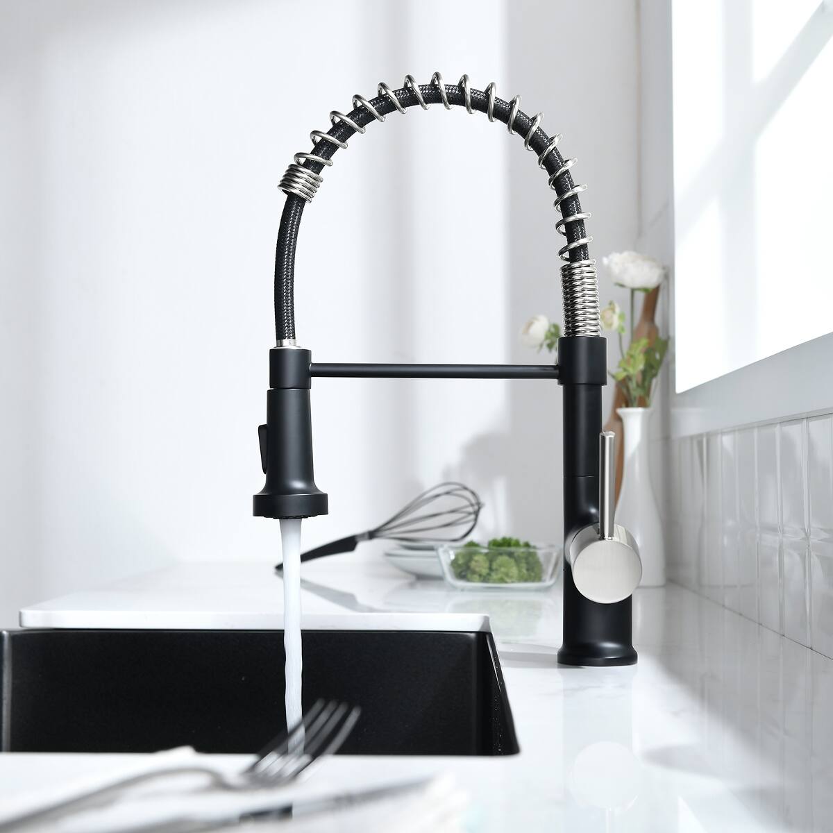 Alt View 4. Ropilly - Ropilly Commercial Kitchen Faucet with Pull Down Sprayer, Black Nickel Single Handle Spring Kitchen Sink Faucet - Black and Silver.