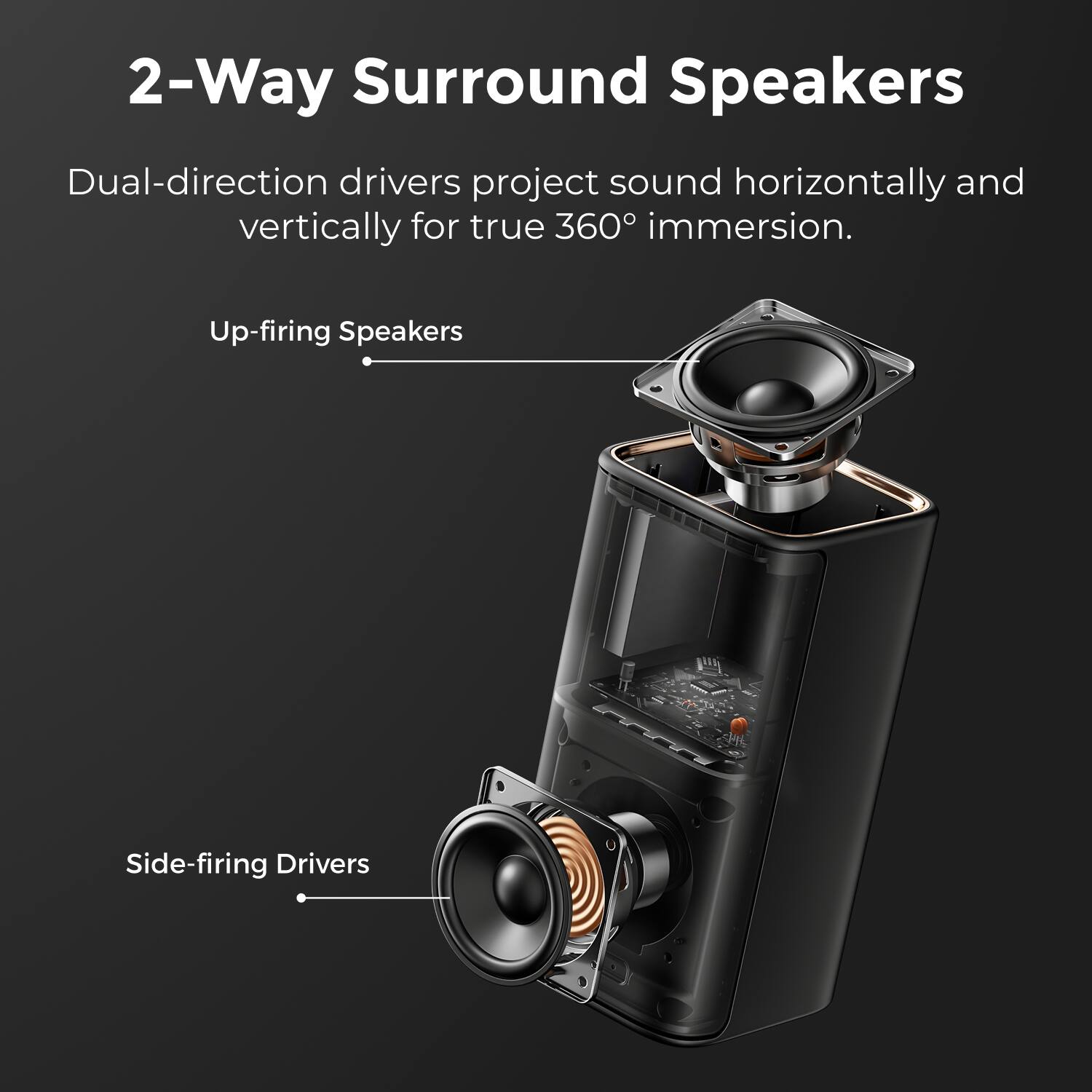 2-Way Surround Speakers

Dual-direction drivers project sound horizontally and vertically for true 360° immersion.

- Up-firing Speakers
- Side-firing Drivers