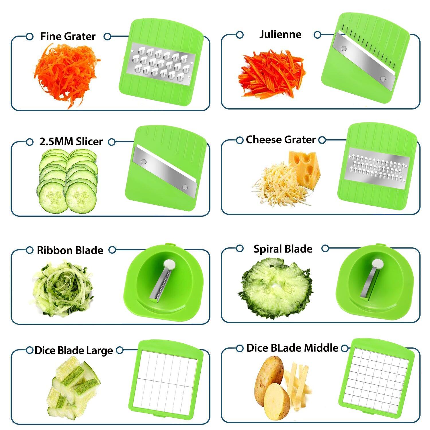 Fine Grater, Julienne, 2.5MM Slicer, Cheese Grater, Ribbon Blade, Spiral Blade, Dice Blade Large, Dice Blade Middle