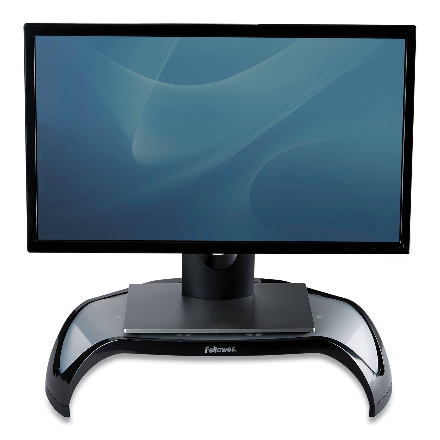 Left. Fellowes - Smart Suites Corner Monitor Riser, For 21" Monitors, 18.5" X 12.5" X 3.88" To 5.13", Black/clear Frost, Supports 40 Lbs - Black|Clear.