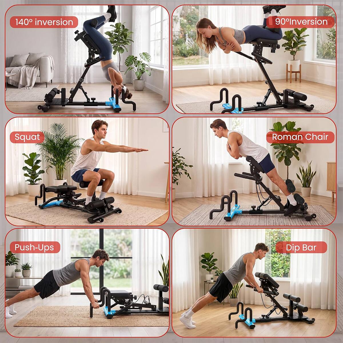 140° inversion  
90° Inversion  
Squat  
Roman Chair  
Push-Ups  
Dip Bar