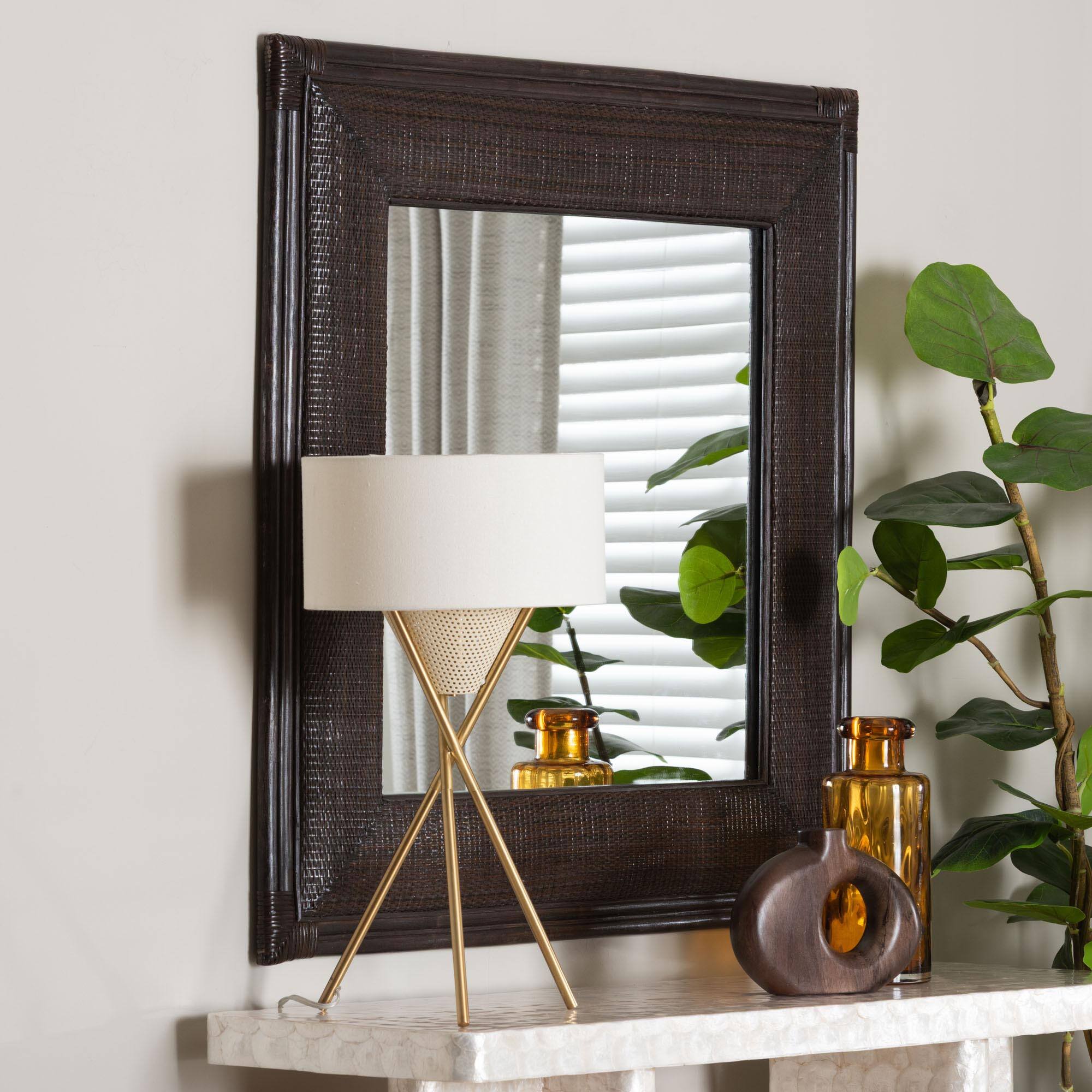 Back. bali & pari - Candela Natural Rattan Wall Mirror - Handwoven Wicker Accent Piece with Inset Mirrored Glass and Textured Frame - Espresso.