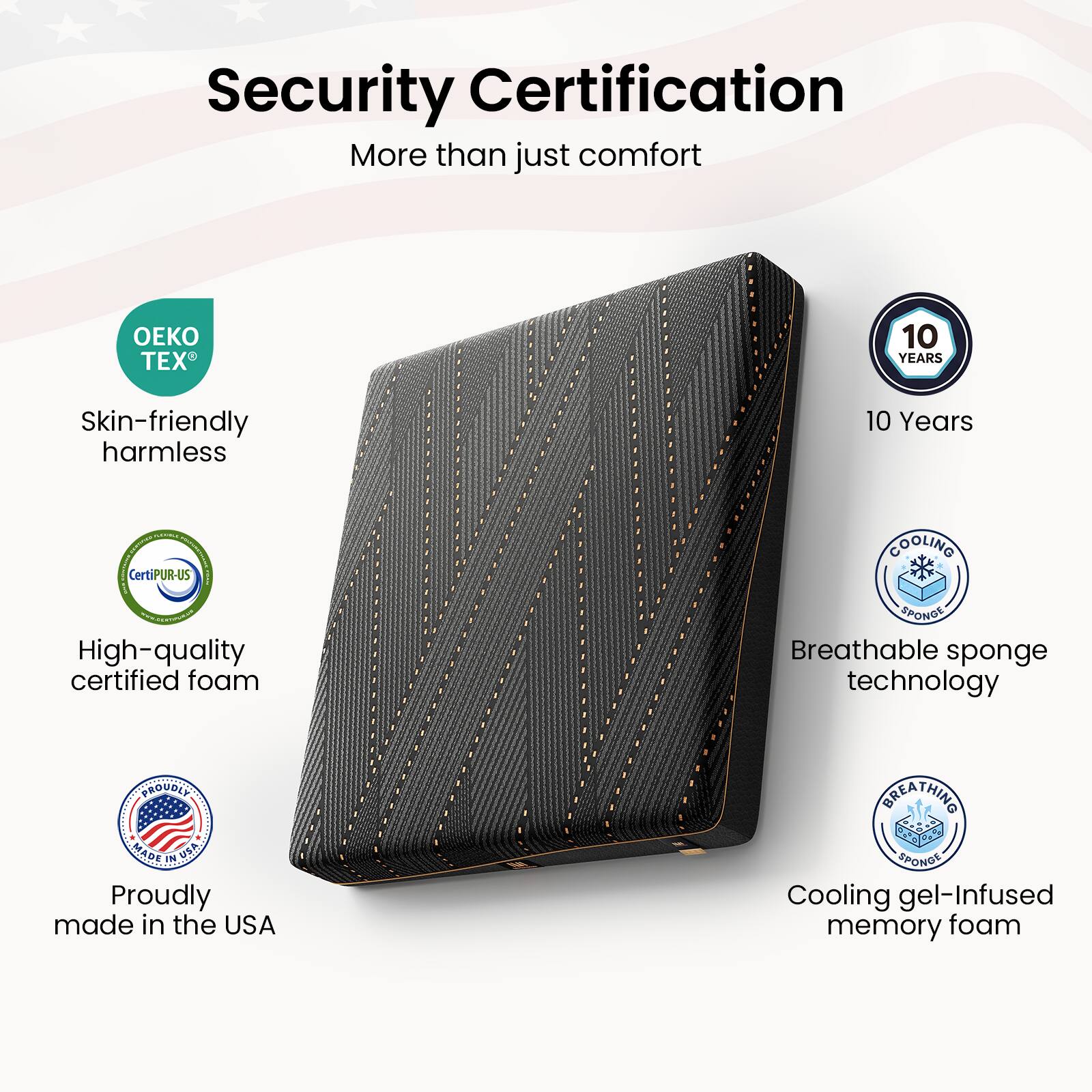 Security Certification  
More than just comfort  

- OEKO TEX®  
  Skin-friendly harmless  

- 10 Years  

- CertiPUR-US®  
  High-quality certified foam  

- PROUDLY MADE IN USA  
  Proudly made in the USA  

- COOLING SPONGE  
  Breathable sponge technology  

- BREATHING SPONGE  
  Cooling gel-infused memory foam