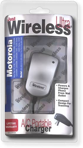 Front Standard. Just Wireless - AC Portable Travel Charger for Motorola V2200 Series/RAZR V3 Cell Phones.
