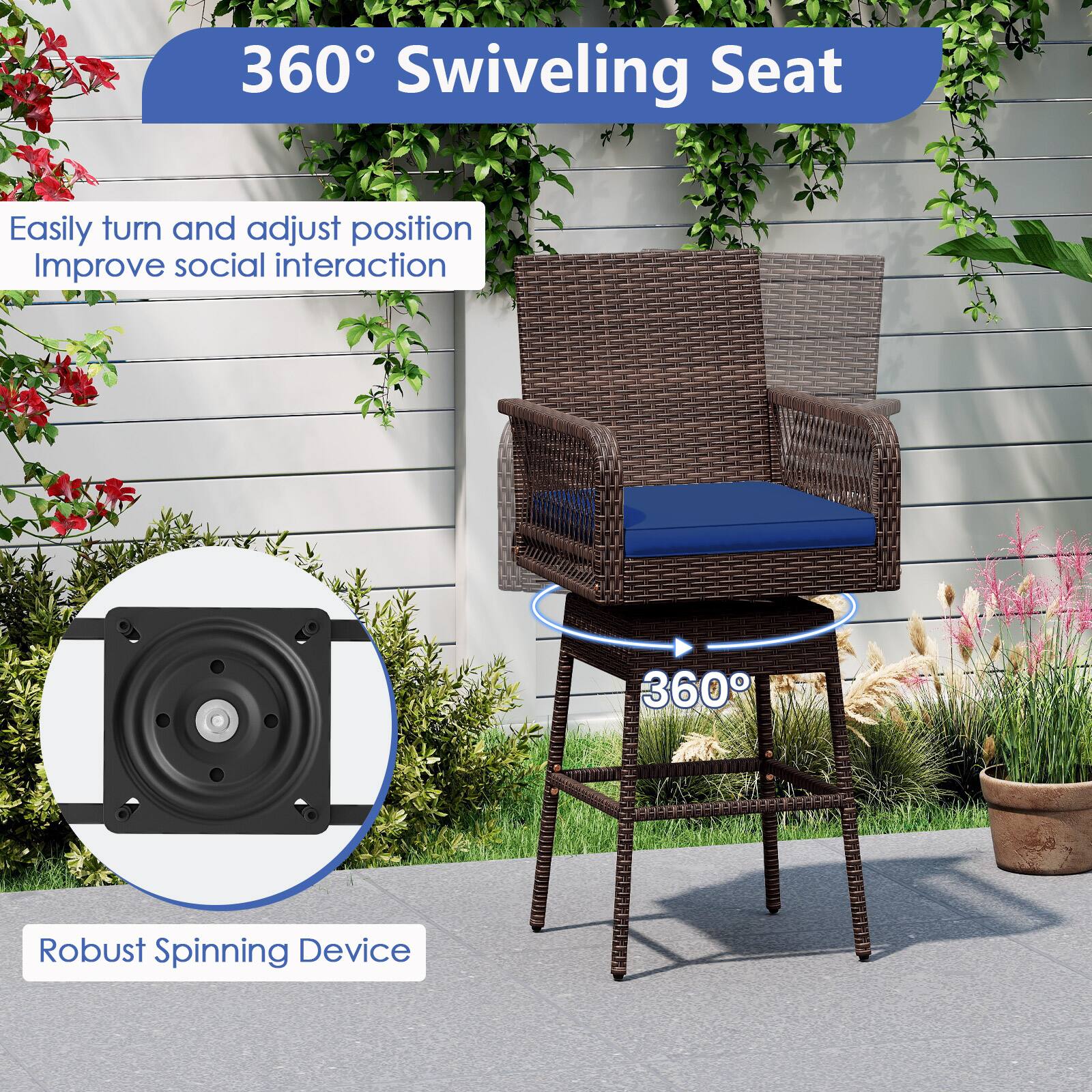 360° Swiveling Seat

Easily turn and adjust position  
Improve social interaction

360°

Robust Spinning Device