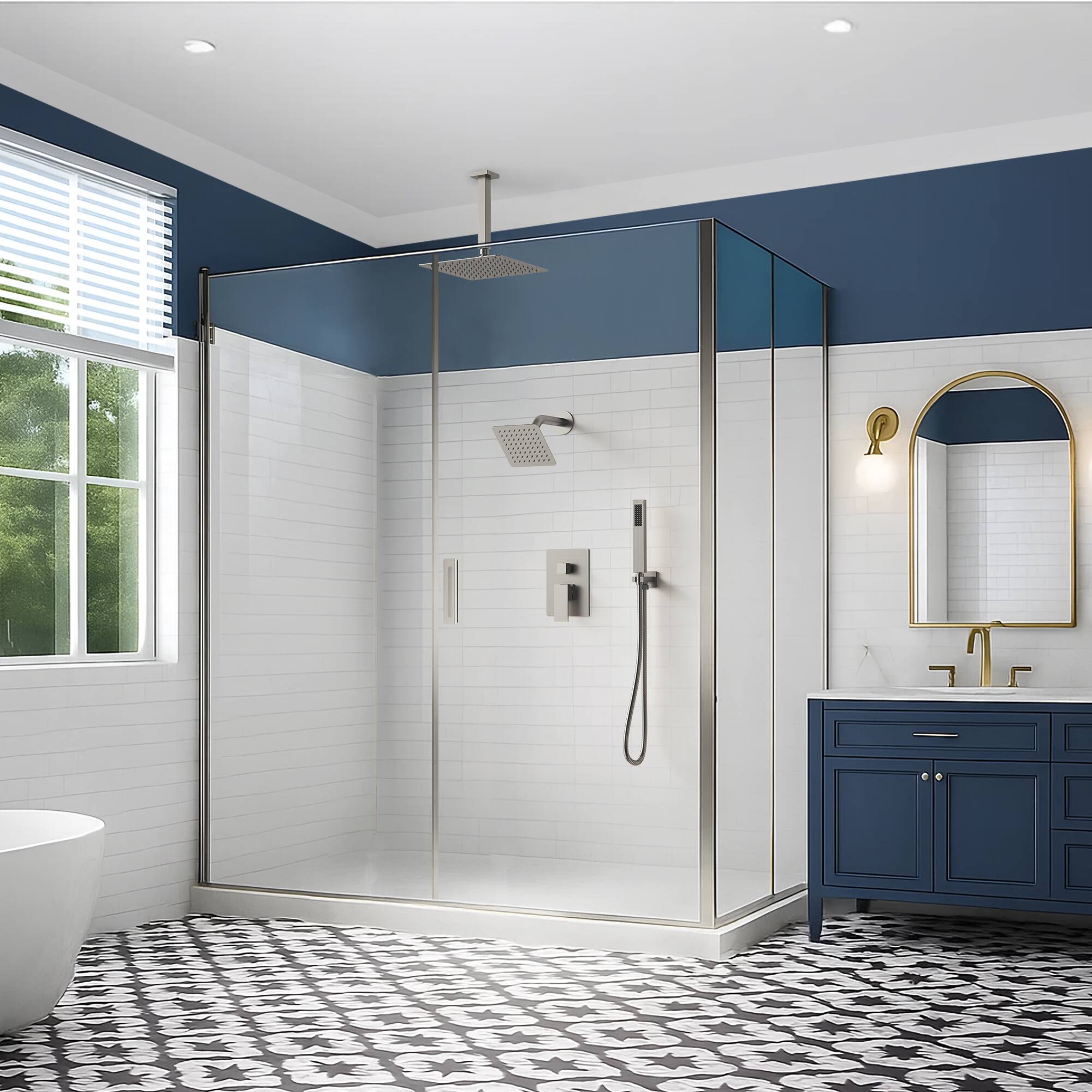 Left. GRANDJOY - Dual Shower System with 10" Ceiling Rain Head, Handheld Sprayer, and Pressure Balance Valve for Modern Bathroom - Brushed Nickel.