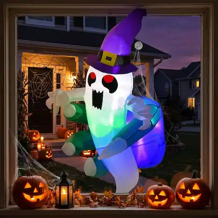Front. WELLFOR - 3.6 Ft Halloween Inflatable Ghost Window Decoration with LED Lights - Multicolor.
