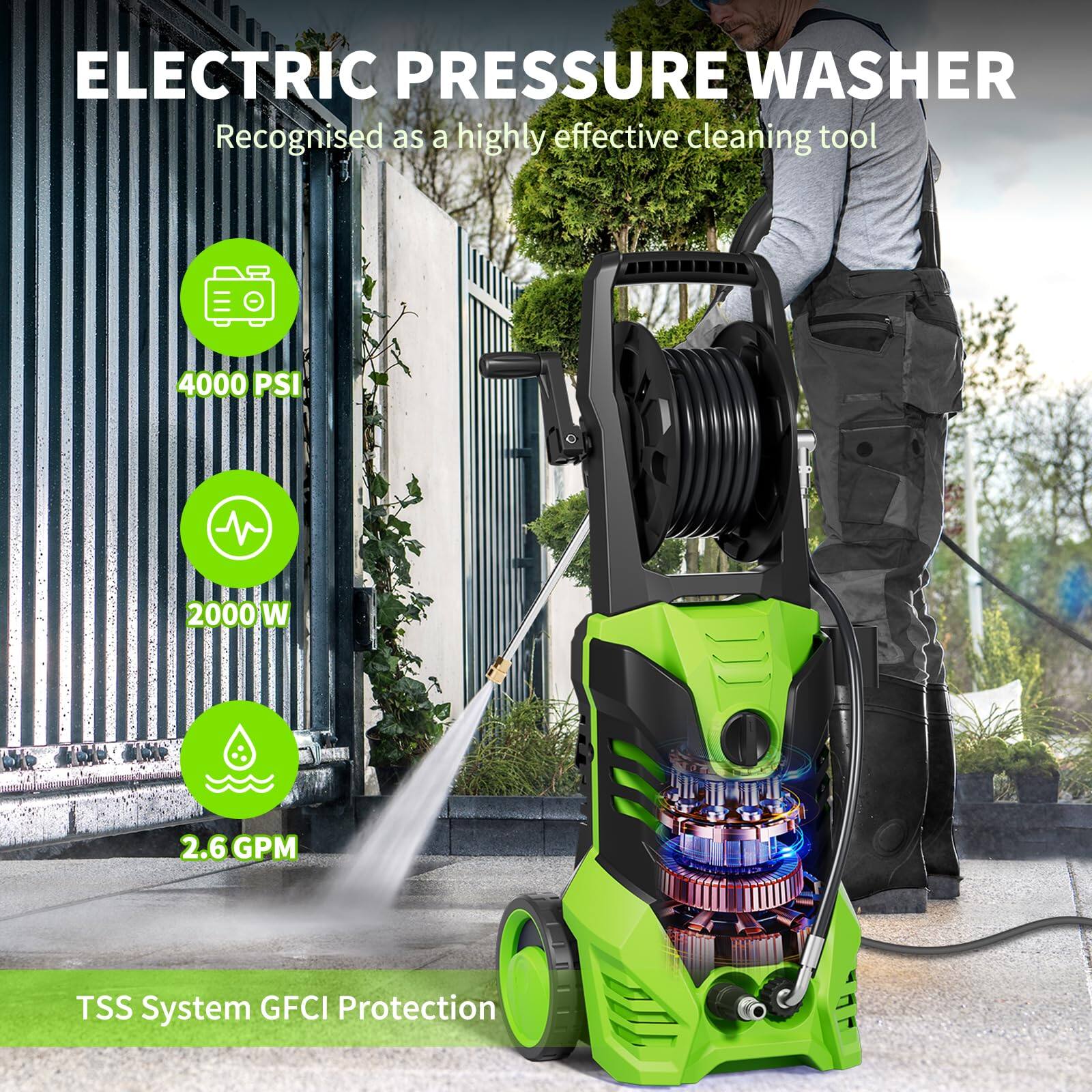 ELECTRIC PRESSURE WASHER Recognised as a highly effective cleaning tool 4000 PSI 2000W 2.6 GPM TSS System GFCI Protection