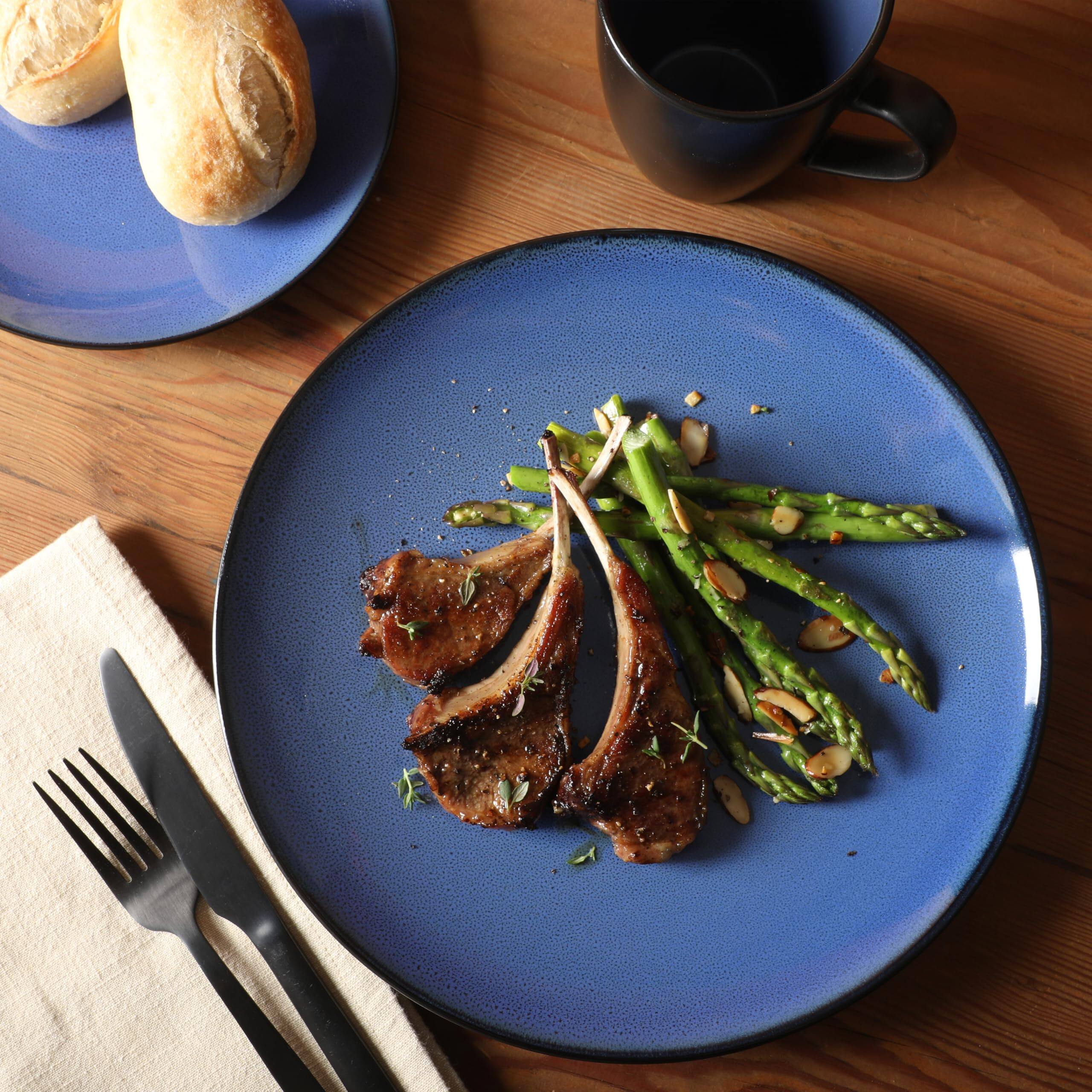 Alt View 1. Dazzed Corner - Round Reactive Glaze Stoneware Dinnerware Set, Service for 4 (16pc) - Blue.