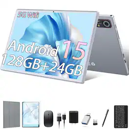 Qukenk - Android 15 Tablet,10 Inch Android Tablet,128GB+24GB+1TB Expand,5G WiFi,Octa-Core,Unisoc T606 CPU, Tablet with Keyboard - Silver
