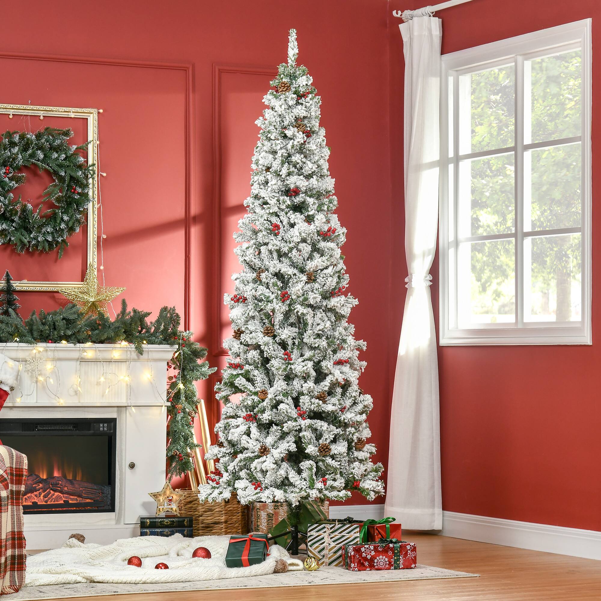 Alt View 1. Homcom - Pencil Snow Flocked Artificial Christmas Tree, 600 Pine Branches Berries - Green.