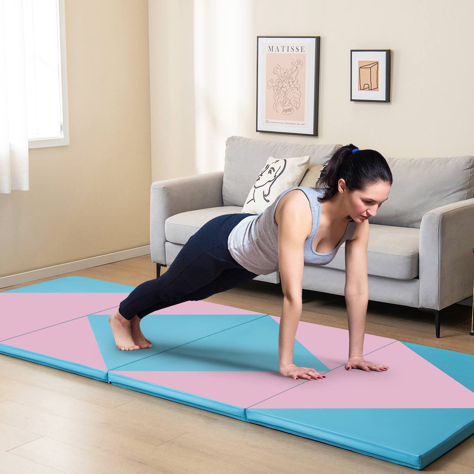 Alt View 3. Costway - Costway Gymnastics Gym Mat 4-Panel Folding Lightweight Gymnastics Tumbling Mat with Hook - Blue,Pink.