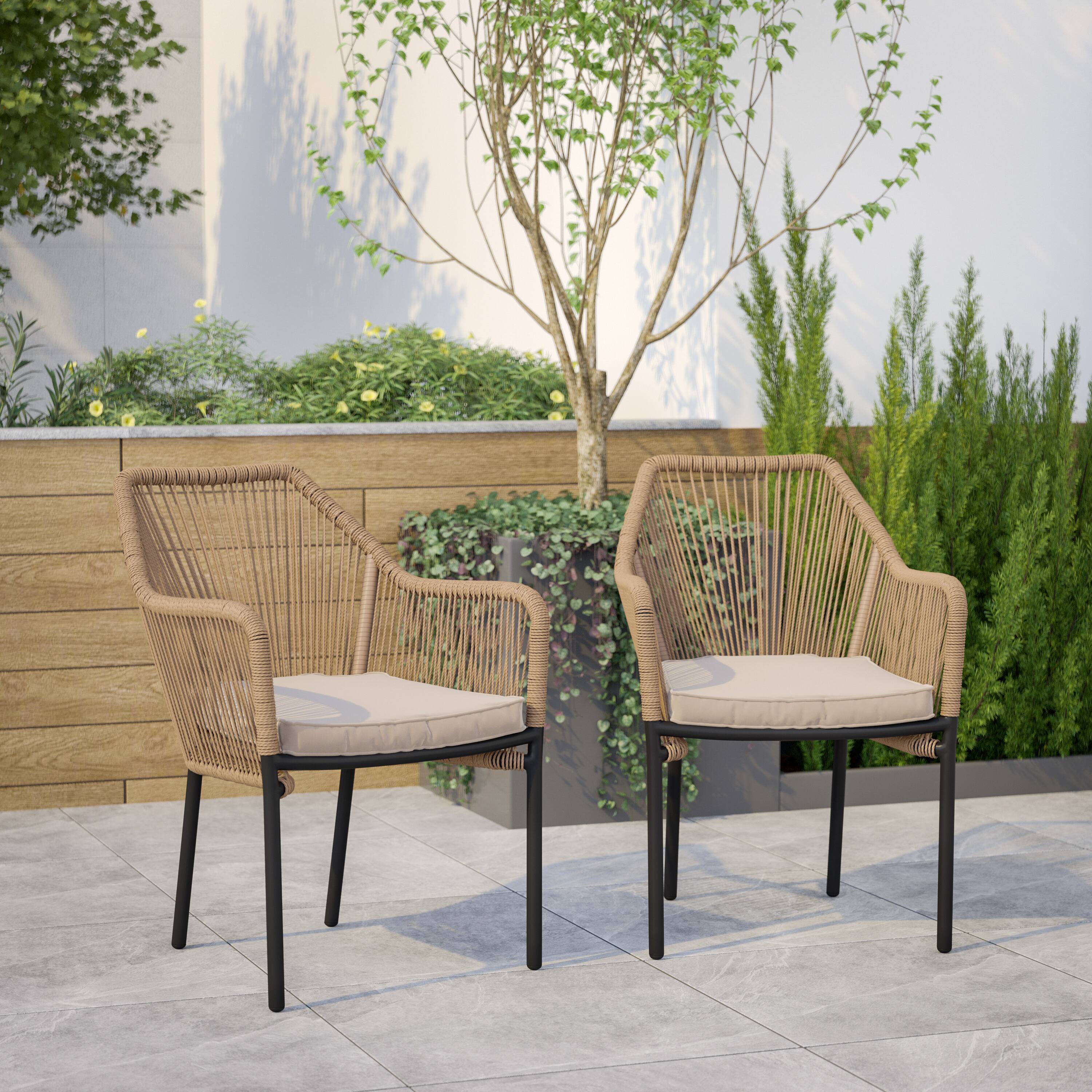 Alt View 2. Emma + Oliver - Talmadge Woven All-Weather Outdoor Two-Piece Club Chair Set with Coordinating Cushions for Porch, Backyard and Patio - Ivory Cushion/Natural Frame.
