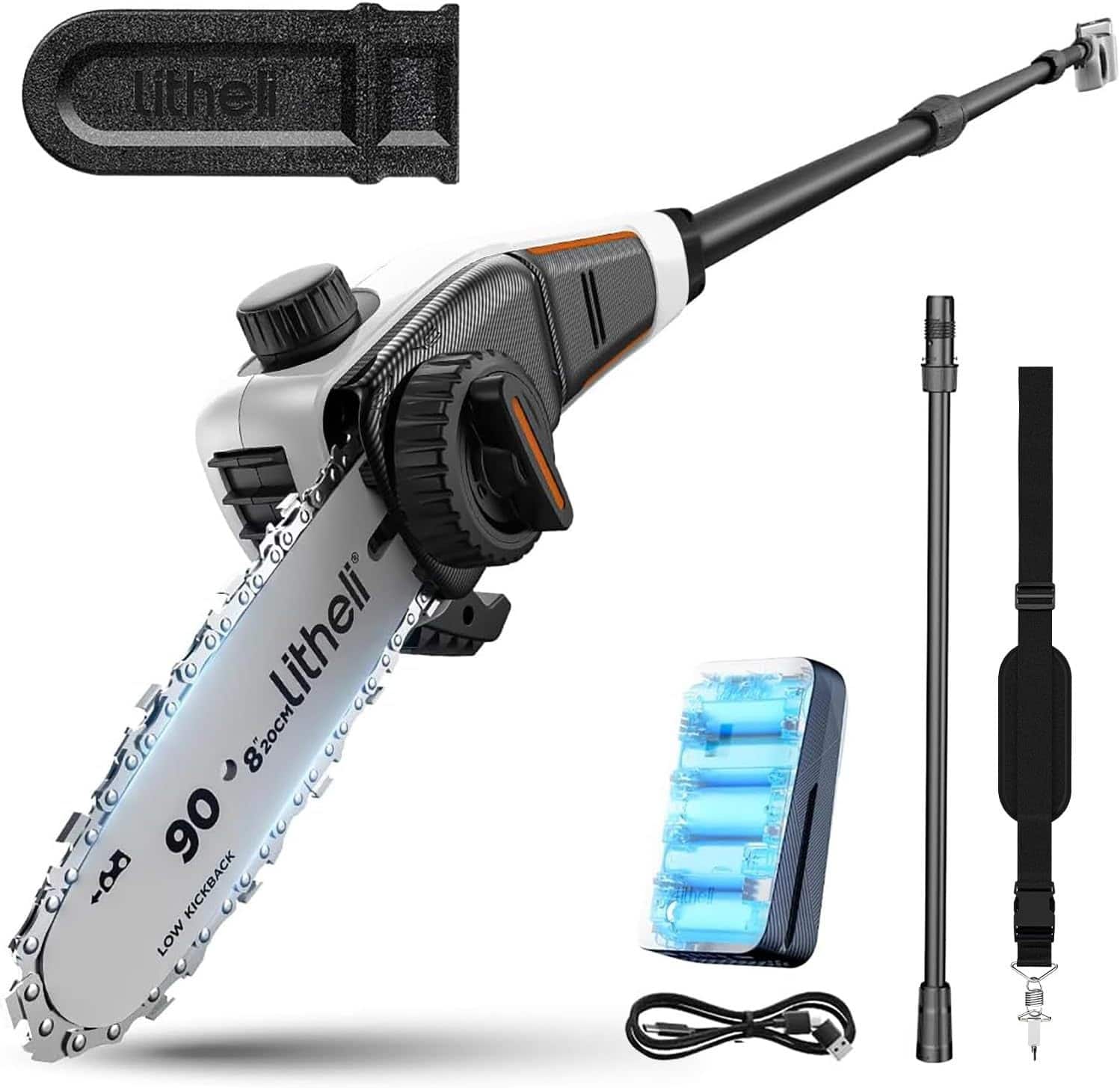 Litheli - 20V Pole Saw Battery Powered for Tree Trimming, 8'' Electric Cordless Pole Chain Saw with 2.5Ah Battery for Tree - Black and White