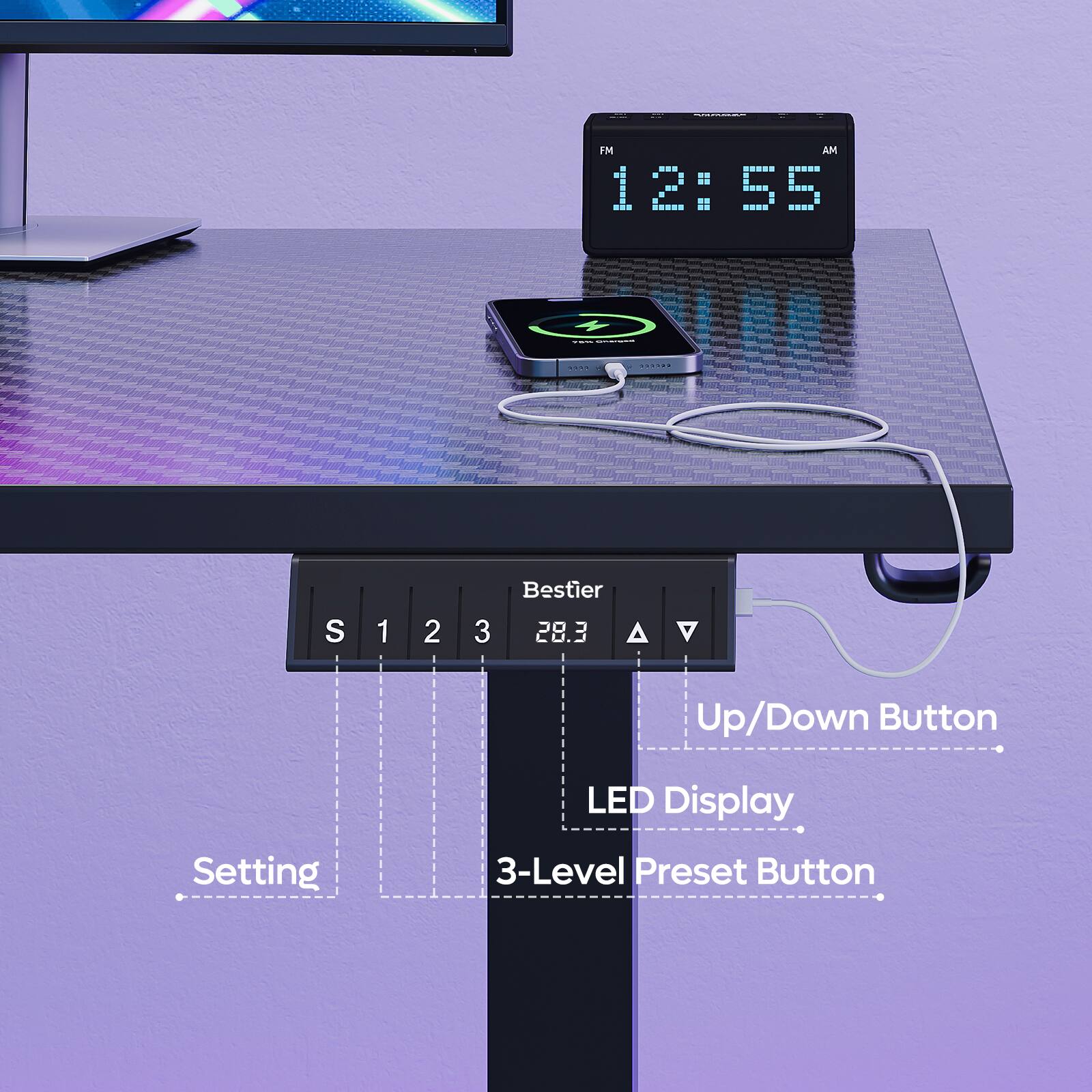 - FM AM 12:55
- Bestier 28.3
- Up/Down Button
- LED Display
- 3-Level Preset Button
- Setting