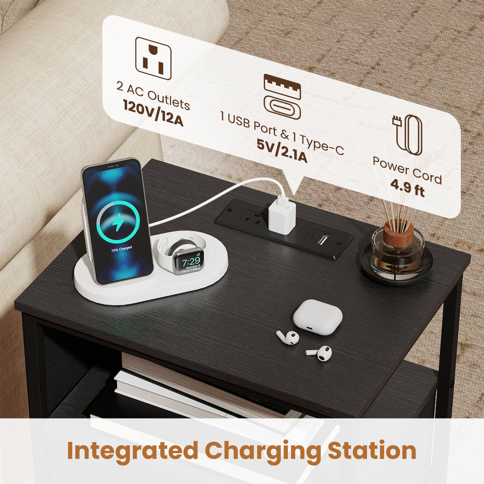 2 AC Outlets 120V/12A  
1 USB Port & 1 Type-C 5V/2.1A  
Power Cord 4.9 ft  
75% Charged - 7:29  
Integrated Charging Station