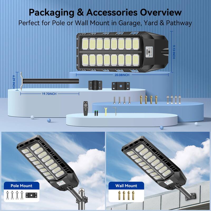 Packaging & Accessories Overview  
Perfect for Pole or Wall Mount in Garage, Yard & Pathway  

- 9.13 INCH  
- 6.29 INCH  
- 19.70 INCH  
- 20.08 INCH  

Pole Mount  
Wall Mount