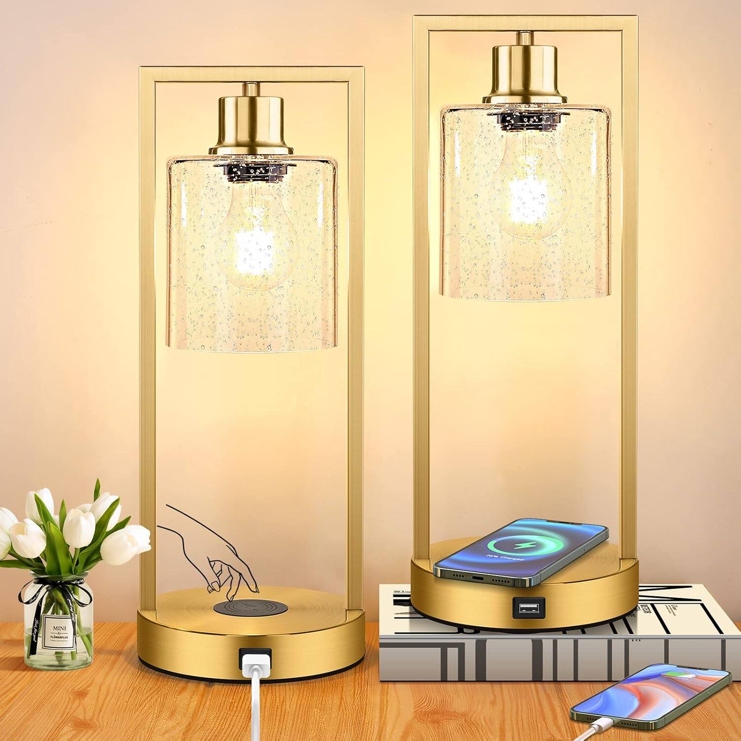 Front. Nordic Hygge - Nordic Hygge Set of 2 Dimmable Bedside Nightstand Lamps with USB Port in Gold - multicolor.