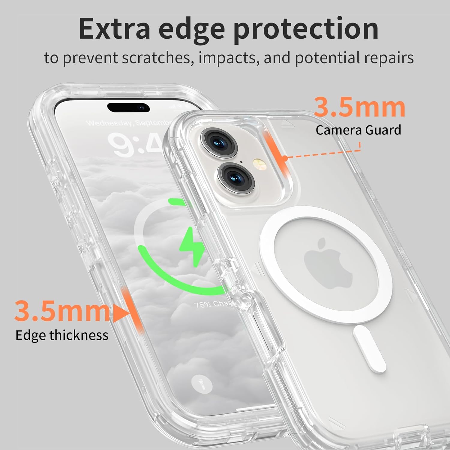 Extra edge protection to prevent scratches, impacts, and potential repairs. 3.5mm Camera Guard, 3.5mm Edge thickness, 75% Charge.