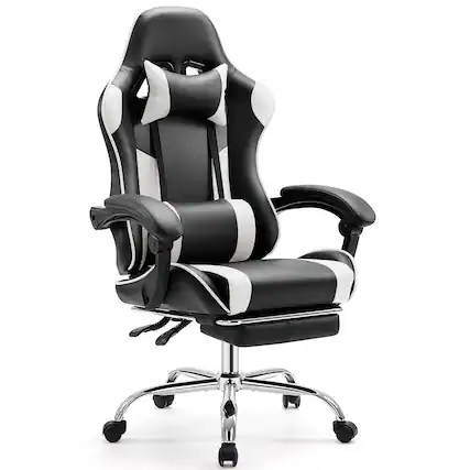 Front. PexFix - Ergonomic Gaming Chair with Spring Seat, 150° Recline, Adjustable Lumbar Pillow for Office & Gaming, 275 lb Capacity - Black+White.