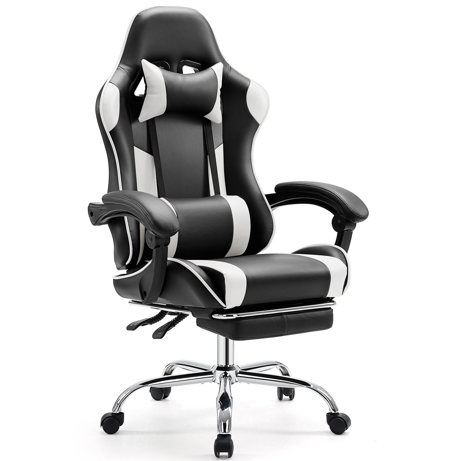 Front. PexFix - Ergonomic Gaming Chair with Spring Seat, 150° Recline, Adjustable Lumbar Pillow for Office & Gaming, 275 lb Capacity - Black+White.