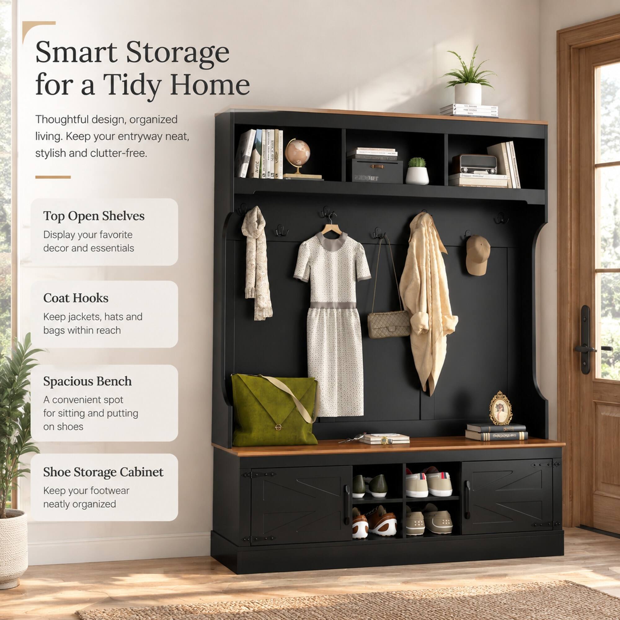 Smart Storage for a Tidy Home  
Thoughtful design, organized living. Keep your entryway neat, stylish and clutter-free.

STOCKS  
Top Open Shelves  
Display your favorite decor and essentials

Coat Hooks  
Keep jackets, hats and bags within reach

Spacious Bench  
A convenient spot for sitting and putting on shoes

PRODUCTO  
Shoe Storage Cabinet  
Keep your footwear neatly organized