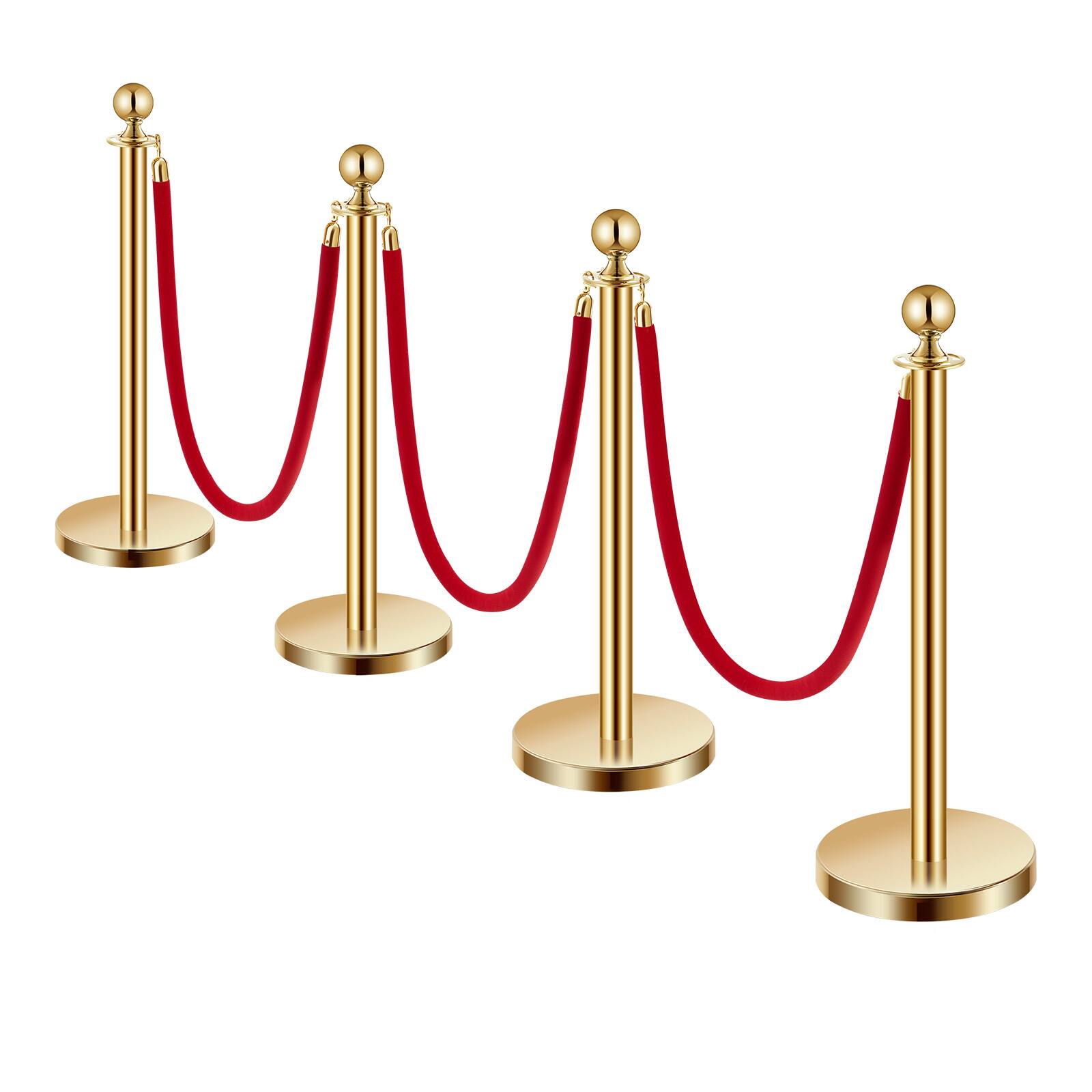 Alt View 5. VEVOR - Stanchions and Velvet Ropes 4Pcs, Hollow Base with Stainless Steel Post, 3 Red Velvet Ropes and Posts - Gold red velvet.