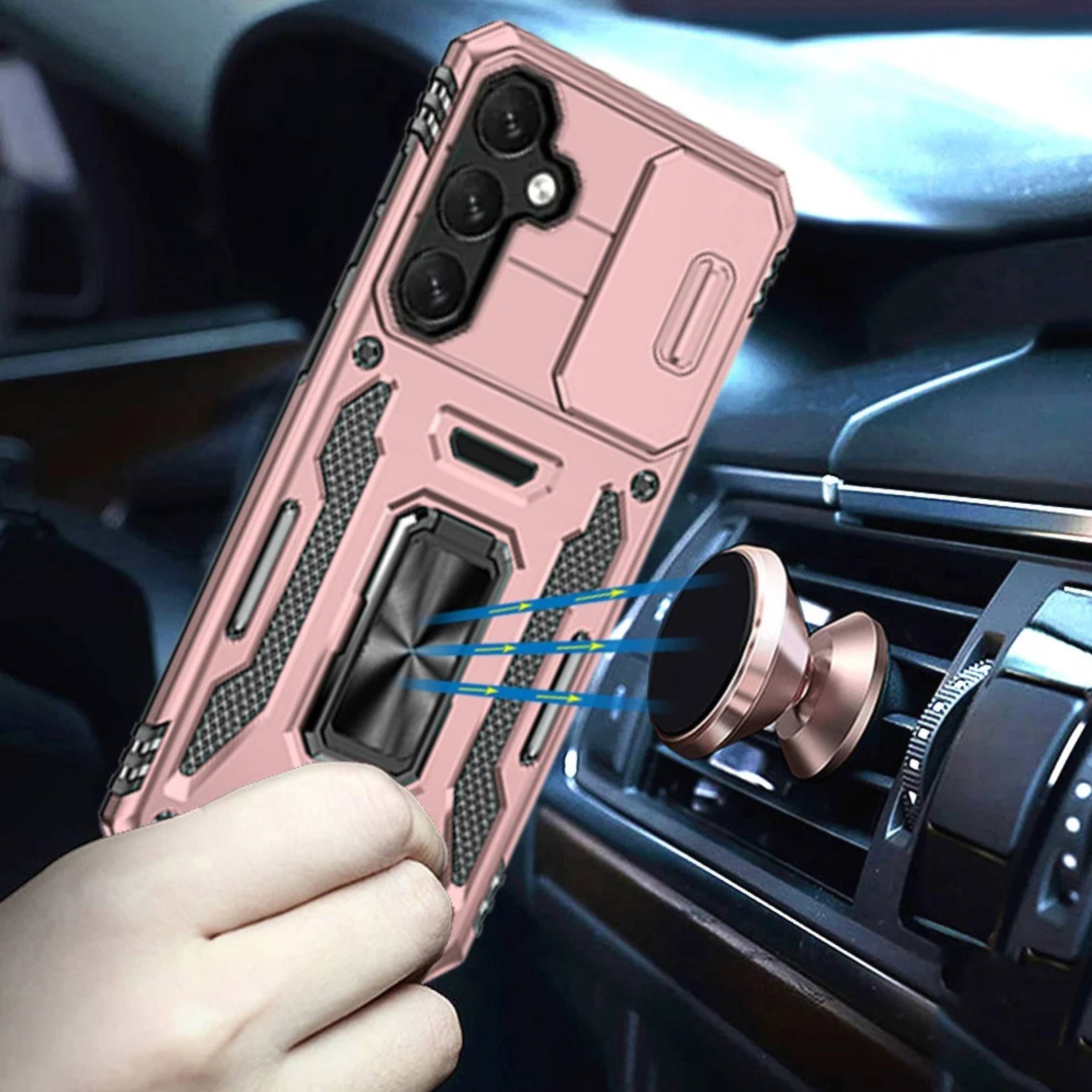 Angle. Kitcheniva - Sliding Camera Lens Cover Case For Samsung S25 FE With Magnetic Ring Stand Rose Gold - Pink.
