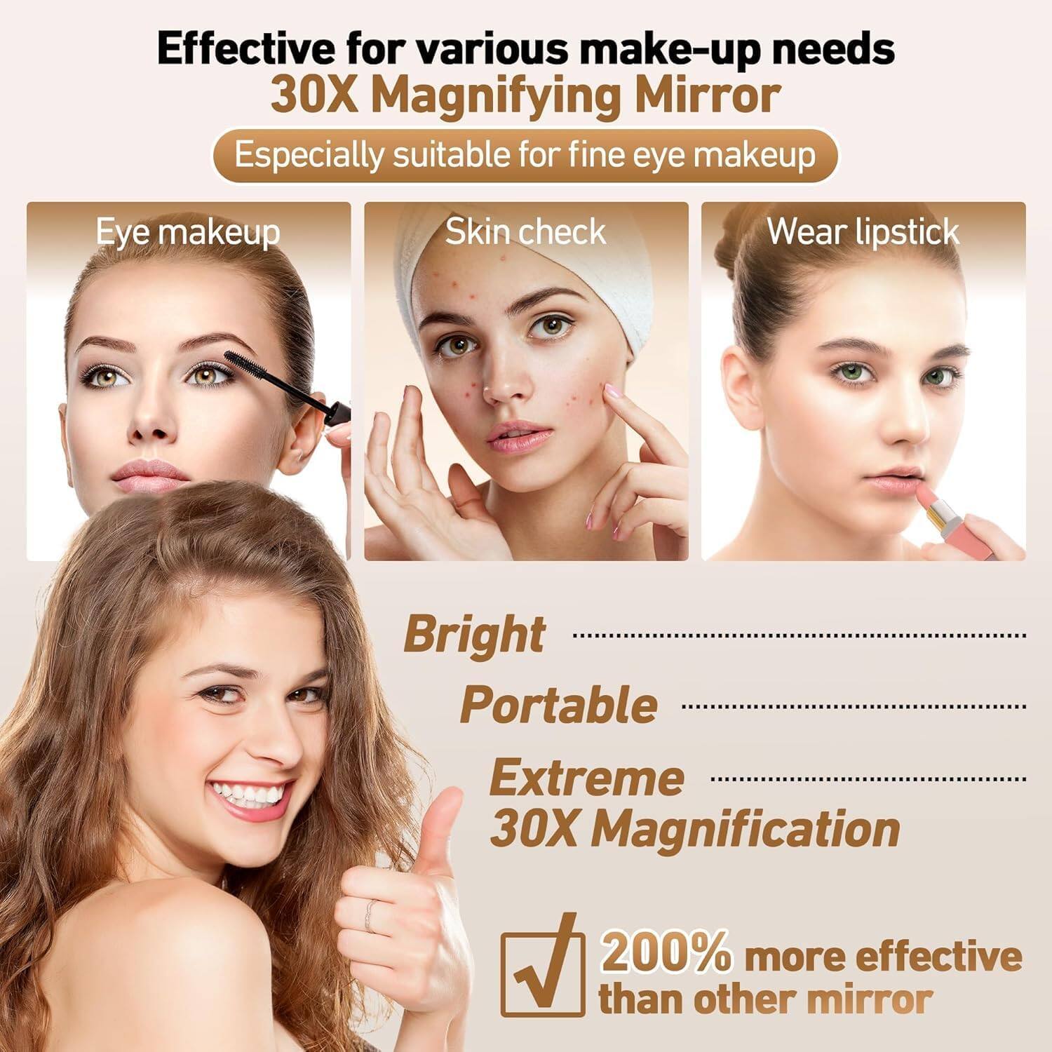 Effective for various make-up needs  
30X Magnifying Mirror  
Especially suitable for fine eye makeup  

Eye makeup  
Skin check  
Wear lipstick  

Bright  
Portable  
Extreme 30X Magnification  

200% more effective than other mirror