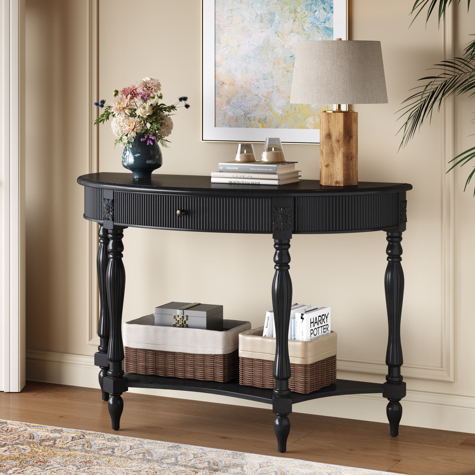 Z-Edge - Solid Wood Half Moon Console Table with Drawer and Shelf, Fluted Vintage Curved Entryway Table for Hallway, Living Room - Black