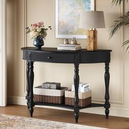 Z-Edge - Solid Wood Half Moon Console Table with Drawer and Shelf, Fluted Vintage Curved Entryway Table for Hallway, Living Room - Black