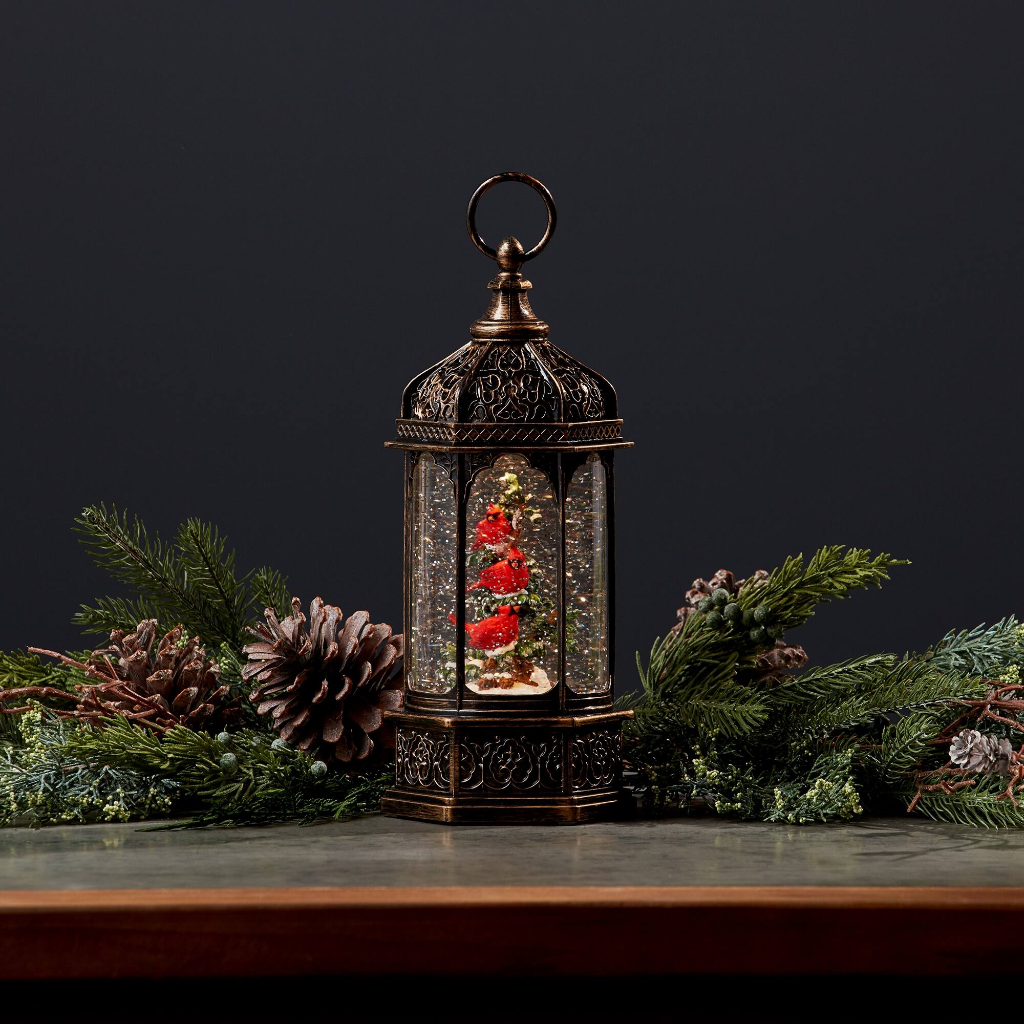 Back. BreeBe - LED Snow Globe Lantern with Cardinal Bird Branch 13"H - Bronze, Red, Green.