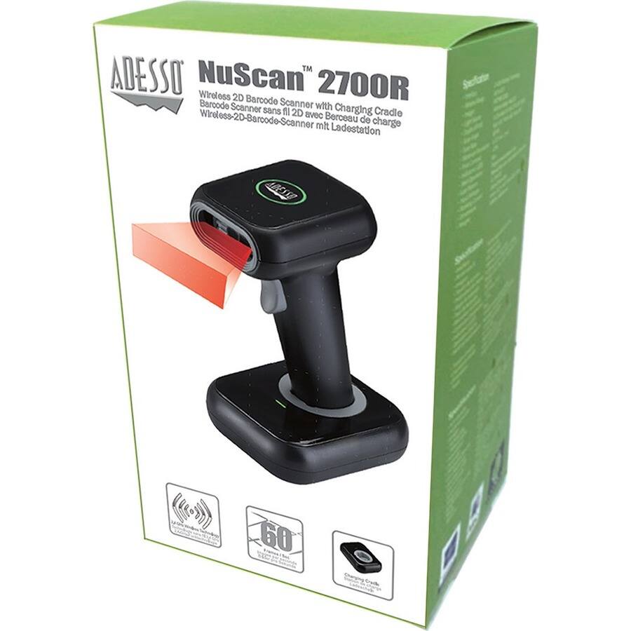 ADESSO NuScan 2700R  
Wireless 2D Barcode Scanner with Charging Cradle  
Barcode Scanner sans fil 2D avec Berceau de charge  
Wireless-2D-Barcode-Scanner mit Ladestation  

60