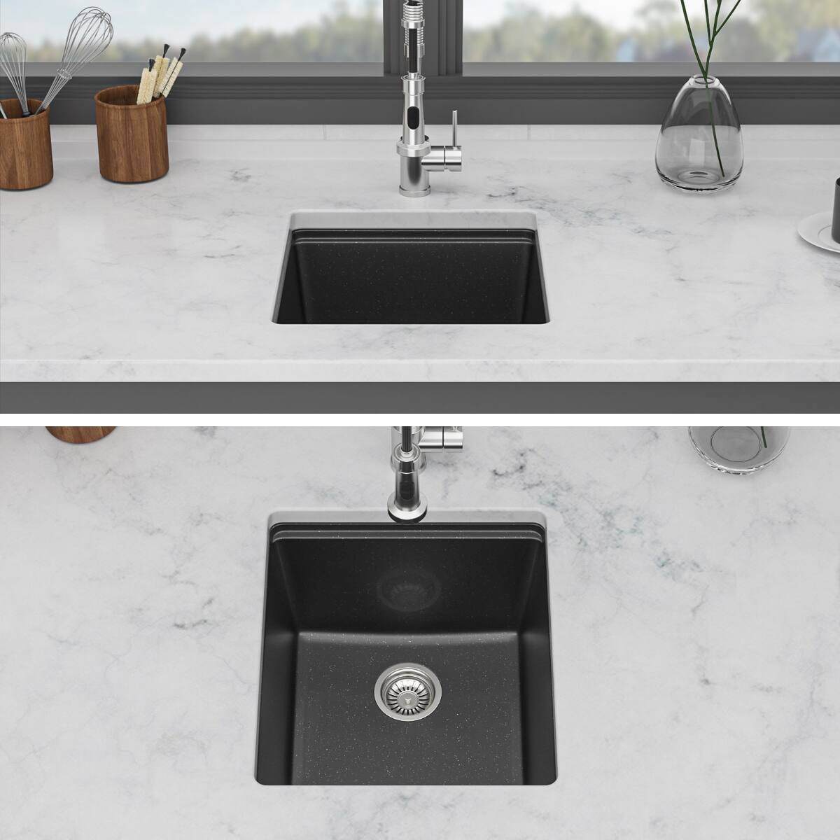 Angle. Ropilly - Ropilly Black Granite Composite Bar Sink Undermount Workstation 17 x 19 Kitchen Sink - Black.
