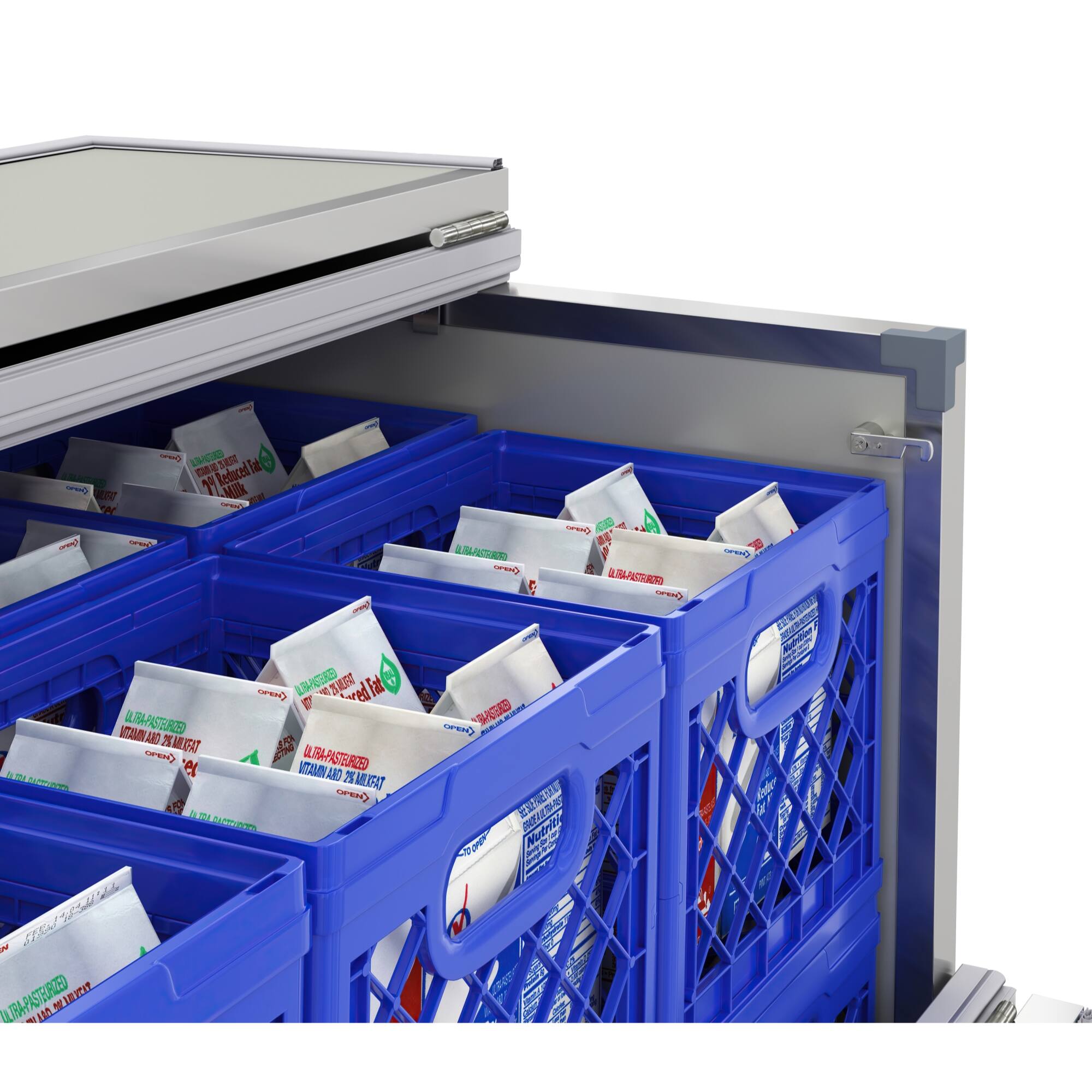 The image shows a refrigerator with its door open, revealing a blue tray filled with various food items. The tray contains a total of 13 items, including milk, juice, and other beverages. The tray is placed in the refrigerator, which is likely used to store and preserve these food items. The refrigerator is designed to maintain a low temperature, ensuring that the food items remain fresh and safe to consume.